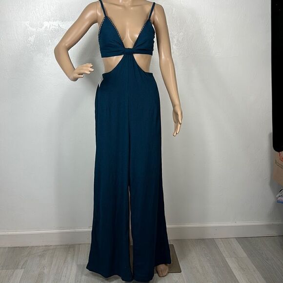 Lulus Blissful Season Teal Tie-Back Cutout Wide-Leg Jumpsuit Size L - Picture 2 of 13